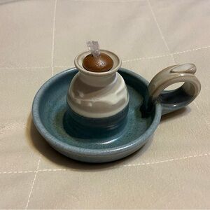 Handmade Erik Hertz Blue/tan Glazed Pottery Art Oil Lamp Candlestick